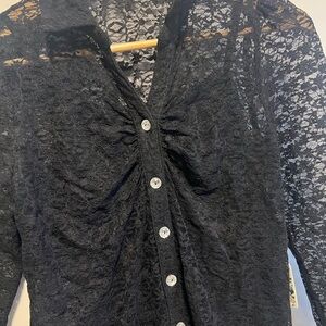 Chelsea & Violet Black Sheer Lace Button-Up Blouse